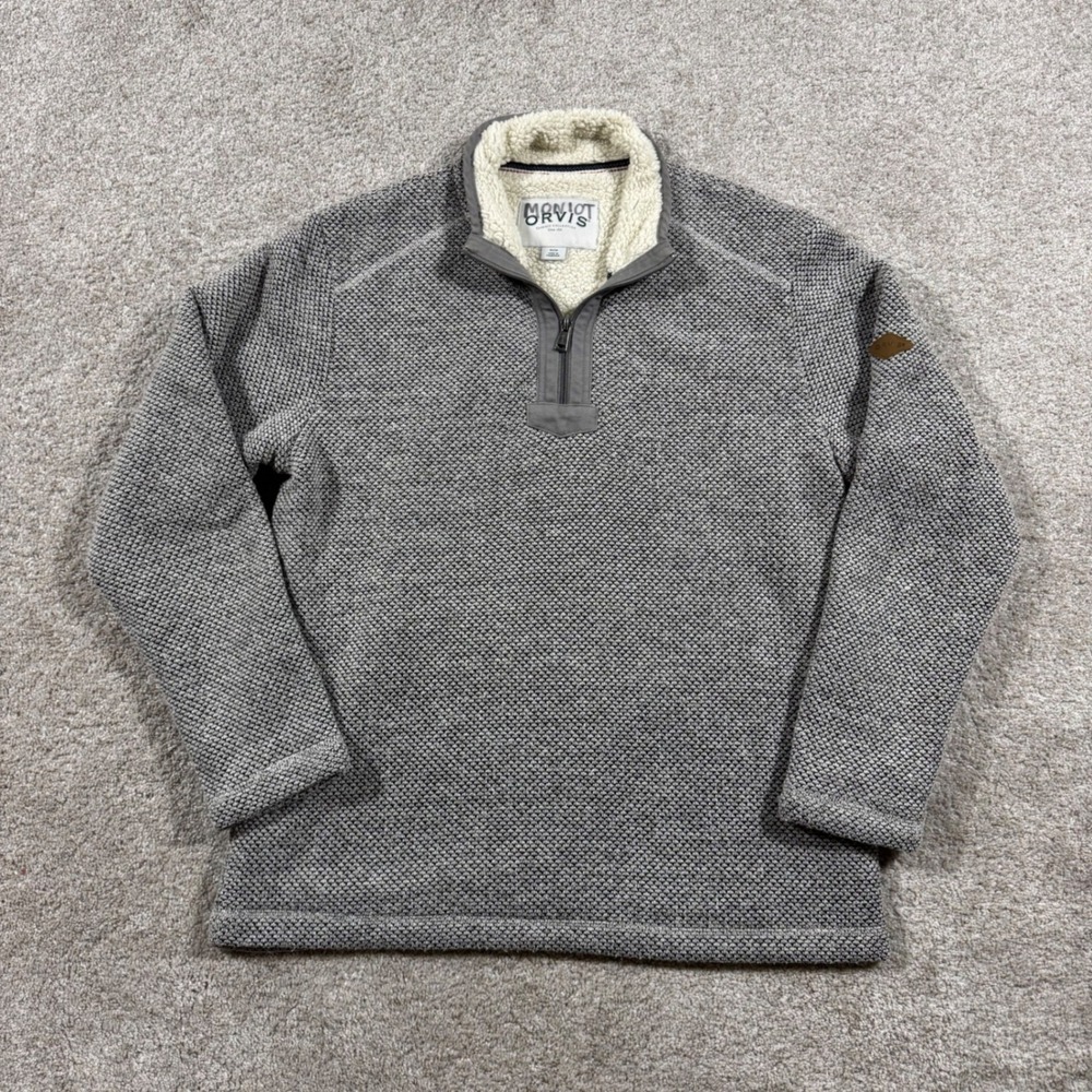 Orvis Mens Quarter Zip Sherpa Lined Pullover Fleece Gray Textured Knit Medium